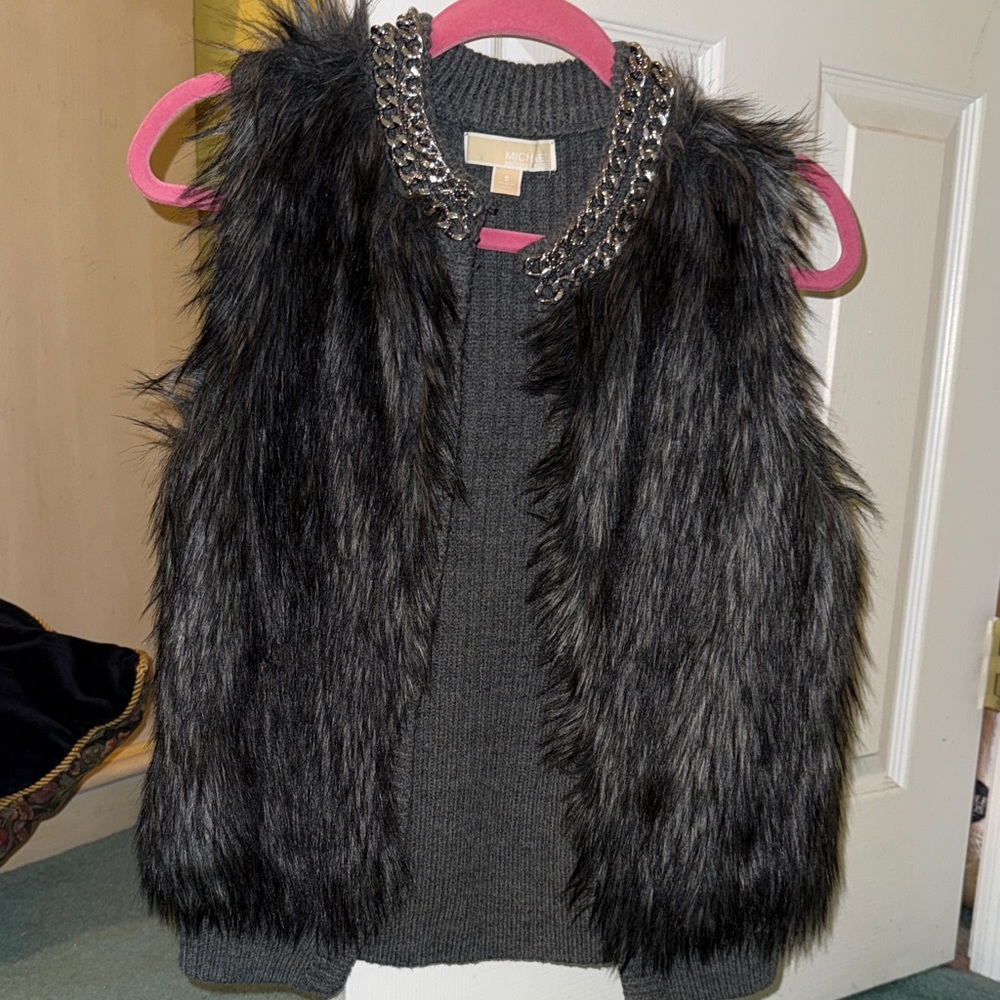 Michael Michael Kors Faux Black/Grey Vest with Chain Detail- small
